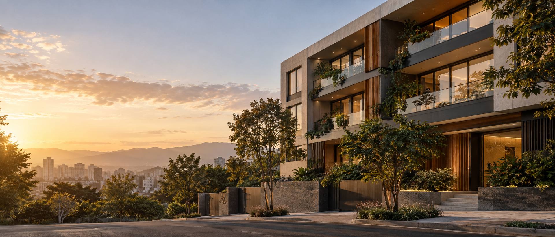 Edificio residencial moderno al atardecer