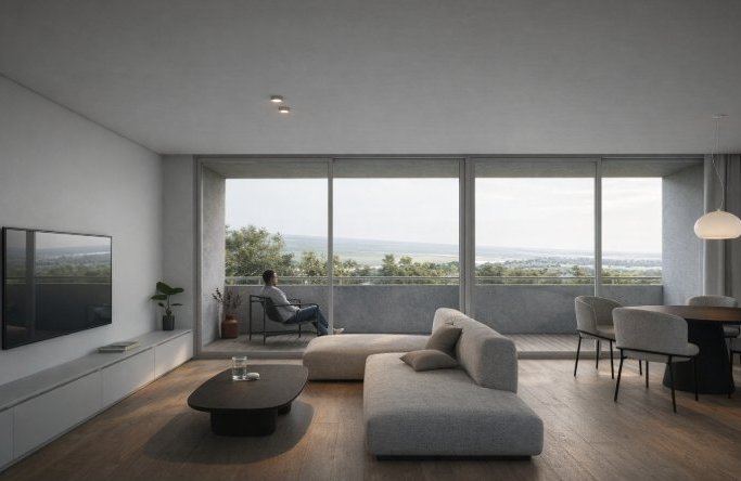 Living de un departamento de tres dormitorios con vista al río
