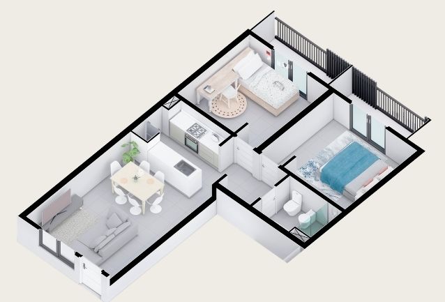 Planta del departamento de dos dormitorios